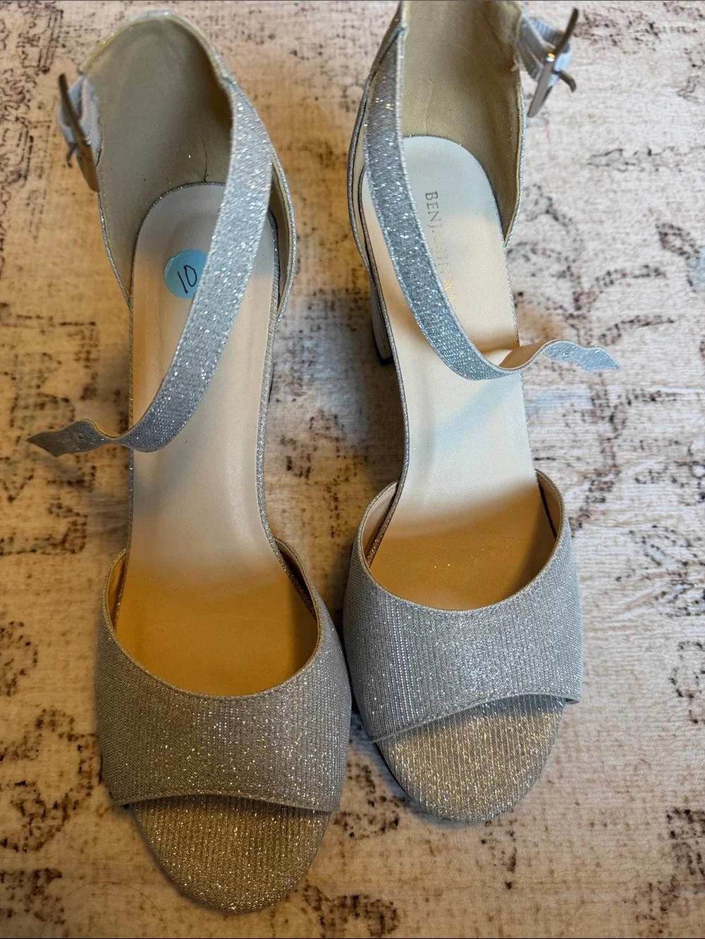 Benjamin Walk Silver Glitter Peep-Toe Ankle-Strap Block Heels